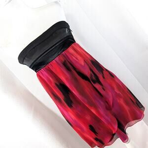 BEBE! 2B! BLACK SATIN BODICE, RED, PURPLE & BLACK ABSTRACT CHIFFON DRESS! SZ S